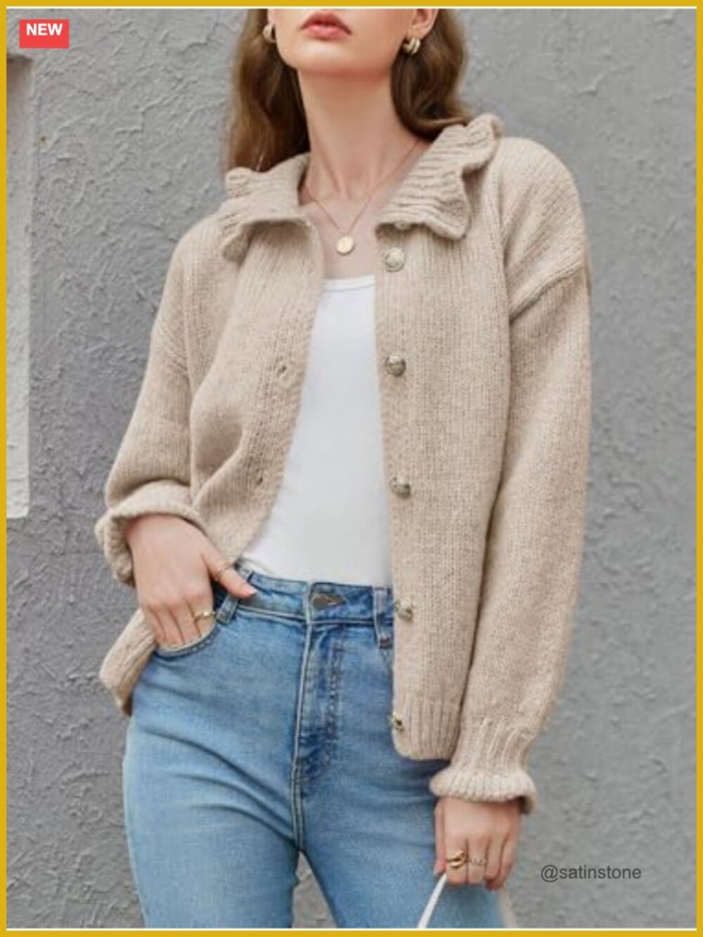 Women's Oversized Ribbed Knit Ruffle Cardigan, Button Front Long Sleeve Sweater - Picture 2 of 6